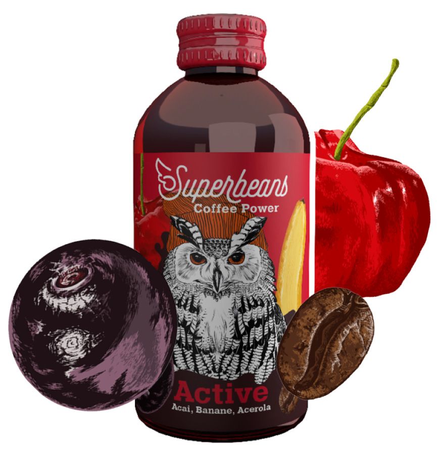 Kaffee Flasche mit Acai, Kaffeebohne und Acerolakirsche.