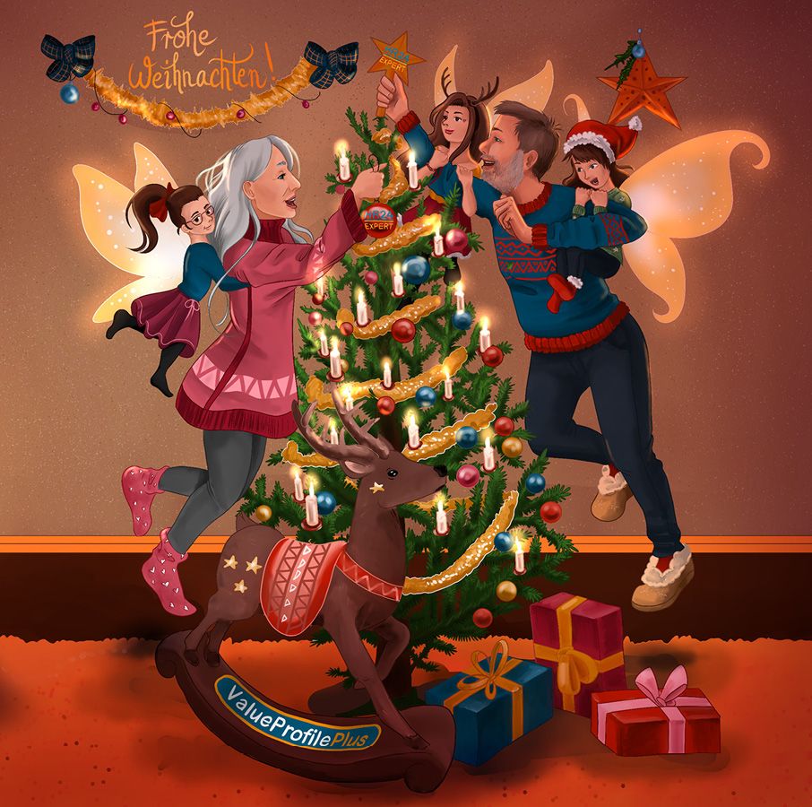 Illustration einer Menschengruppe bei einem Weihnachtsbaum